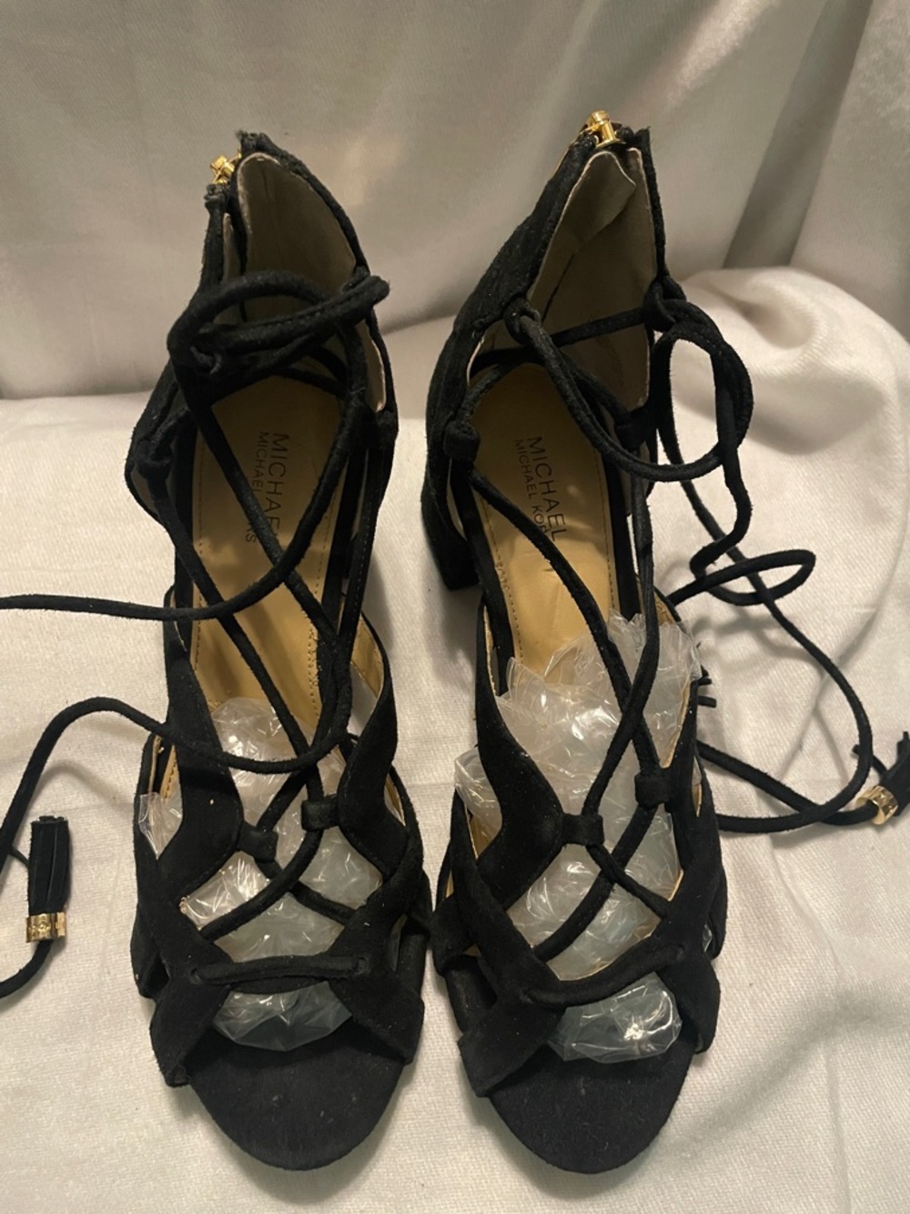 Michael Kors Black Suede Lace-Up Block Heel Sandals with Gold Accents
